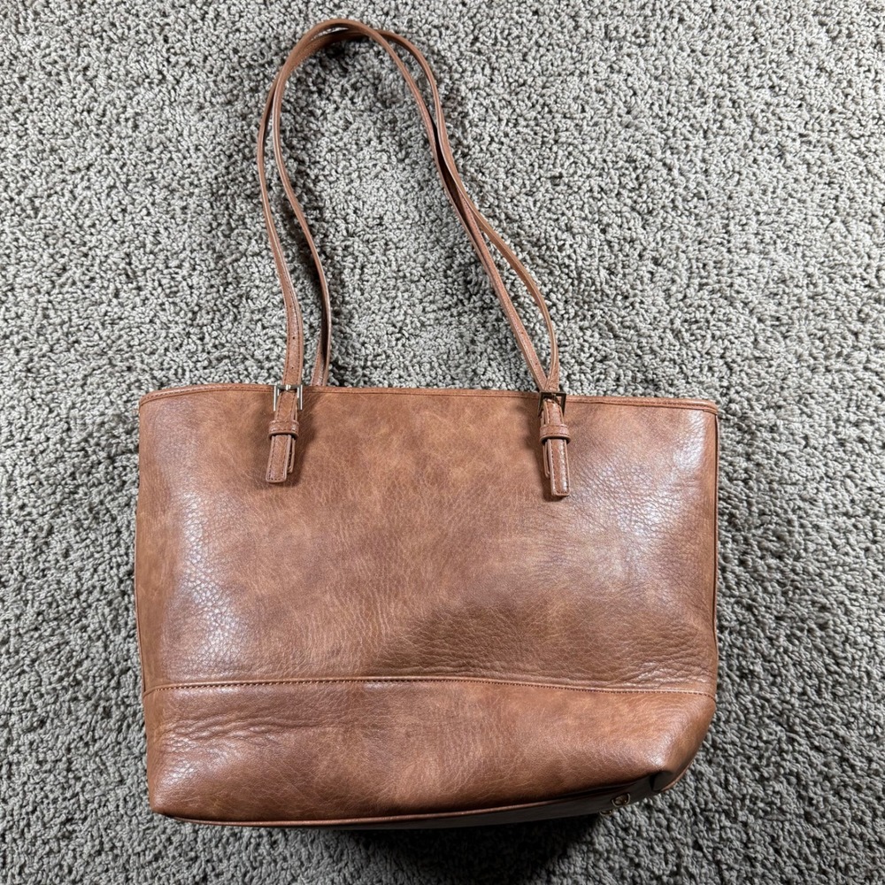 URBAN EXPRESSIONS Brown Faux Leather Tote Bag Purse Striped Interior chic pocket